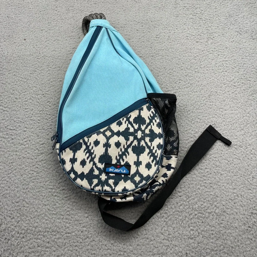 KAVU Rope Bag Crossbody Blue Ikat Canvas Sling Backpack Ergonomic Outdoor Bag